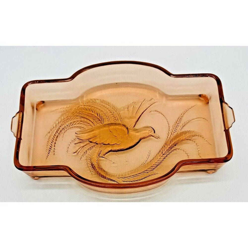 Tiara Indiana Glass Coral Vanity Empress Tray Bird‎ of Paradise 11.5x7.5"